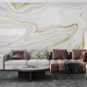 Luxury Golden Marble Textured Panoramic Wallpaper, Removable Gold White and Grey Wall Mural, Self Adhesive Wall Mural, Modern Living Room