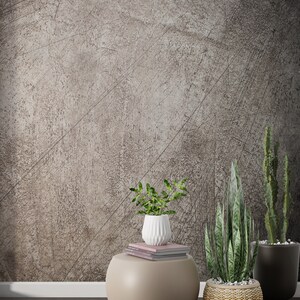 May include: A round, light brown side table with a stack of books and a white ceramic vase with a green plant.  There are two potted plants on the floor, one with a woven basket and the other in a black pot. The background is a textured, gray wall.