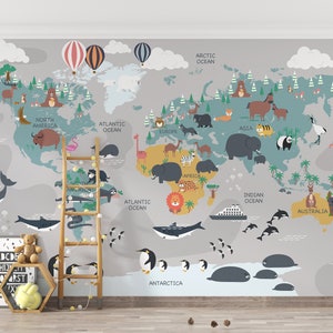 Cartoon Tiere für Kinder Natur Exploration und Kontinent Namen Ocean Namen Ländernamen Weltkarte Wallpaper, Schälen und Aufkleben