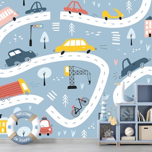 Cars and Road Wallpaper for Kids Room Peel Stick Boys Room Wall Mural Nursery Wall, Nursery Construction Equipment and Roads