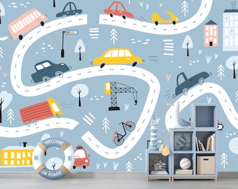 Cars and Road Wallpaper for Kids Room Peel Stick Boys Room Wall Mural Nursery Wall, Nursery Construction Equipment and Roads