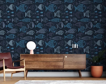 Funny Fishes Wallpaper, Fishes Dark Peel and Stick Wallpaper, Self Adhesive Wall Mural, Nursery Wallpaper