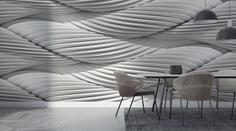 May include: A modern dining room with a white, 3D, wave-like wall mural. The room features a black dining table with four black chairs. The chairs have a woven design.