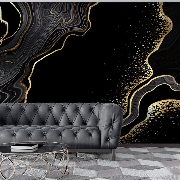 Peel and Stick Gold Veined Black Agate Marble Surface Wallpaper, Self Adhesive Wall Mural