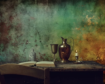 Artistic Rusty Wall Look Green, Orange, and Brown Wallpaper - Abstract Rustic Design