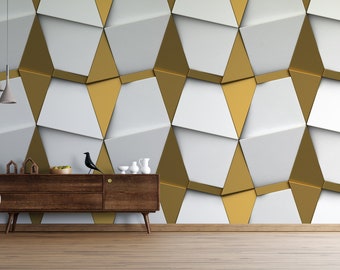 Geometric Gold White 3d Wallpaper, Self Adhesive Peel and Stick Wall Mural, 3d Triangels Geometric Shapes Wallpaper