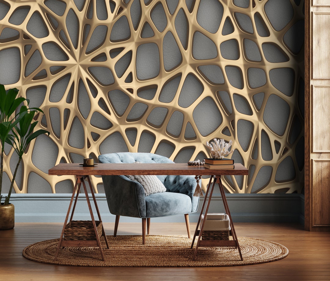 Peel Stick Gold Grille on Gray Leather Wallpaper, Gray and Gold Wall Mural, Self Adhesive Modern