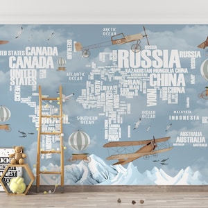 Weltkarte Tapete für Kinder, zum Abziehen und Aufkleben, selbstklebendes Wandbild mit Ländernamen