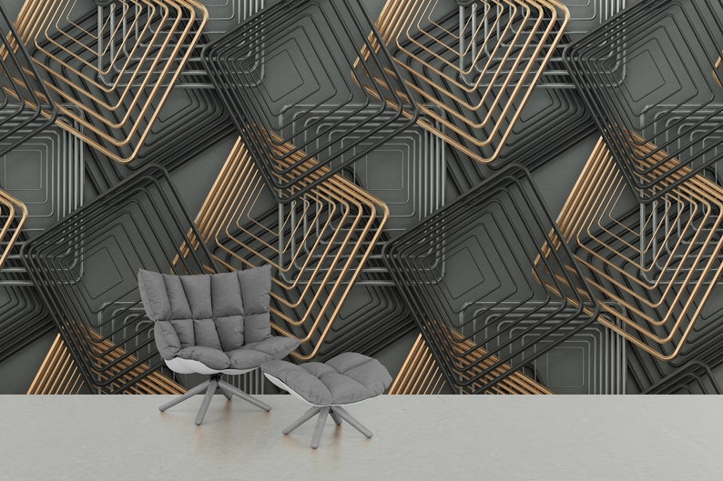 Black and Gold Geometric Wallpaper on Gray Background Peel Etsy