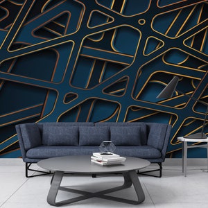 Papier peint rehaussé d'or et de bleu, lignes abstraites modernes avec lignes dorées, art mural sophistiqué géométrique