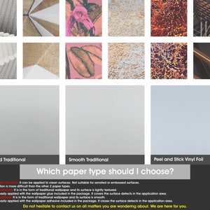 May include: A graphic comparing three types of wallpaper: Textured Traditional, Smooth Traditional, and Peel and Stick Vinyl Foil. The text "Which paper type should I choose?" is displayed in a yellow box.