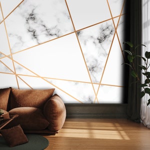 Carta da parati geometrica Peel Stick Gold Lines, murale autoadesivo con motivo in marmo