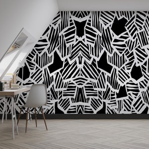 Papier peint géométrique noir et blanc, motifs pinceaux et papier peint autocollant