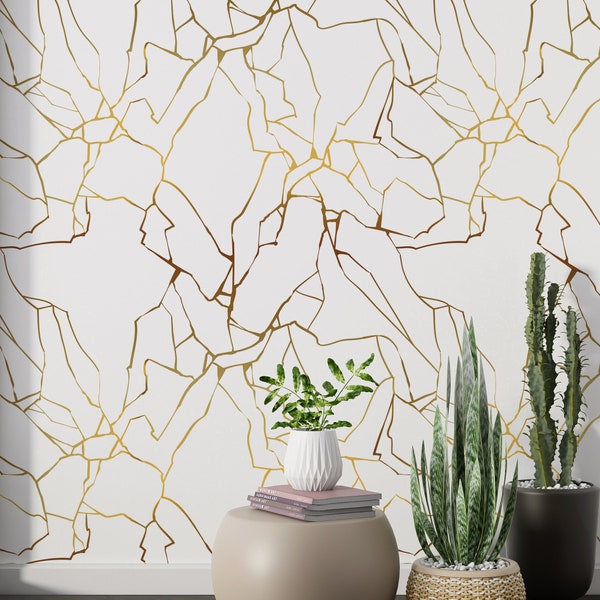 Gold Kintsugi Crack Wallpaper, Peel and Stick Gold and White Texture Wall Mural