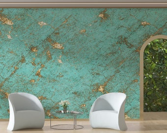 Gold Textured Green Abstract Wallpaper, Peel Stick Concrete Traditional Wall Mural