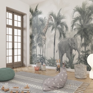Peel Stick Elephant Giraffe Desing in Foggy Forest, Carta da parati tradizionale, Carta da parati autoadesiva