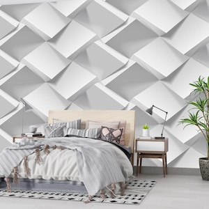 Carta da parati moderna con motivo geometrico 3D - Design minimalista quadrato bianco