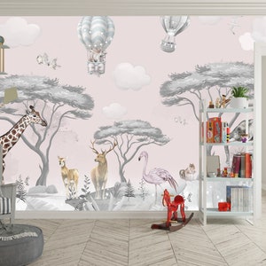 Peel Stick Animals in The Forest Children&#39;s Room Wallpaper Design, Kids Wallpaper, Safari Wallpaper, Removable Wallpaper