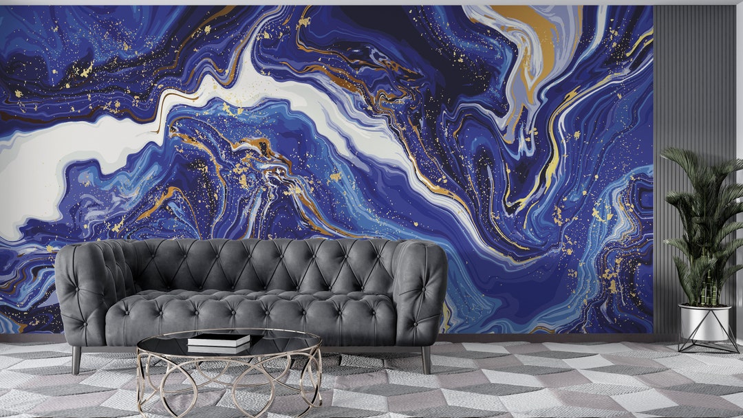 Blue Marble and Gold Abstract Wallpaper, Natural Swirls of Marble and ...