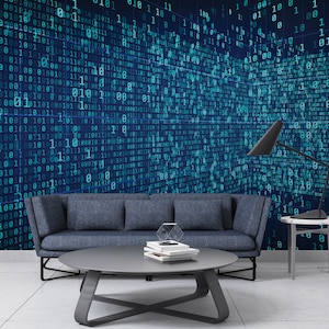 Binary Code Perspective Wallpaper, Technology Secure Data Concept Wall Mural, Peel and Stick Blue Binary Office Wall Decor