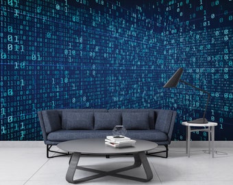 Carta da parati con prospettiva del codice binario, murale con concetto di dati protetti dalla tecnologia, decorazione da parete per ufficio con codice binario blu staccabile e attaccabile