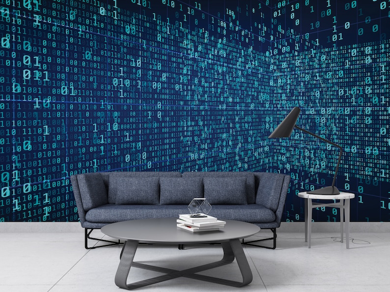 Binary Code Perspective Wallpaper, Technology Secure Data Concept Wall Mural, Peel and Stick Blue Binary Office Wall Decor image 1