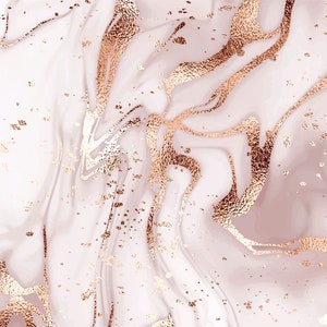 May include: Abstract background with white and rose gold marble swirls and gold glitter.