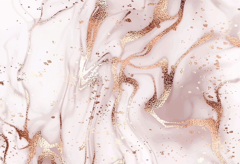 May include: Abstract background with white and rose gold marble swirls and gold glitter.