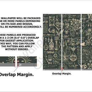 May include: A black and white illustration of a botanical pattern with handwritten text and drawings of plants, flowers, and bottles. The image is divided into three panels with a 1-2 cm (0.4-0.8 inches) overlap for easier application. The text reads "YOUR WALLPAPER WILL BE PACKAGED IN ONE OR MORE PANELS DEPENDING ON ITS SIZE AND DESIGN, AND WILL BE NUMBERED ACCORDINGLY. THESE PANELS ARE PRODUCED WITH A 1-2 CM (0.4-0.8") OVERLAP FOR EASIEST APPLICATION. THIS WAY, YOU CAN FOLLOW THE PATTERN AND APPLY WITHOUT ERRORS."