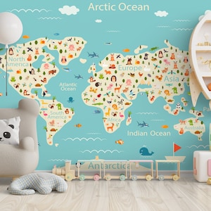 Peel Stick Weltkarte Tiere und Bäume Cartoon, Kinder Karte Hintergrundbild, Kinder Weltkarte Wandbild, abnehmbare Tapete
