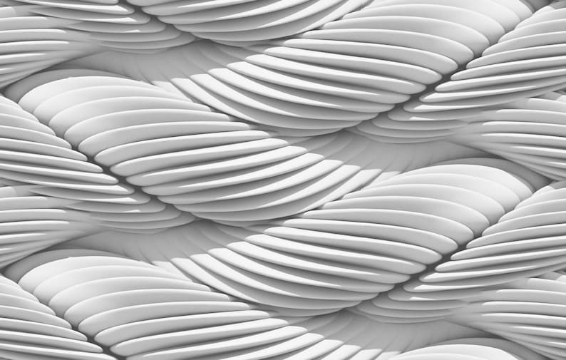 May include: Abstract white 3D background with a pattern of overlapping, curved, and rounded shapes. The shapes create a wave-like effect.