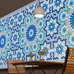 Carta da parati geometrica con mosaico marocchino, decorazione da parete con motivo di piastrelle islamiche blu, stampa artistica mediterranea, motivo Zellige