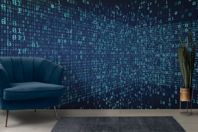 Binary Code Perspective Wallpaper, Technology Secure Data Concept Wall Mural, Peel and Stick Blue Binary Office Wall Decor image 2
