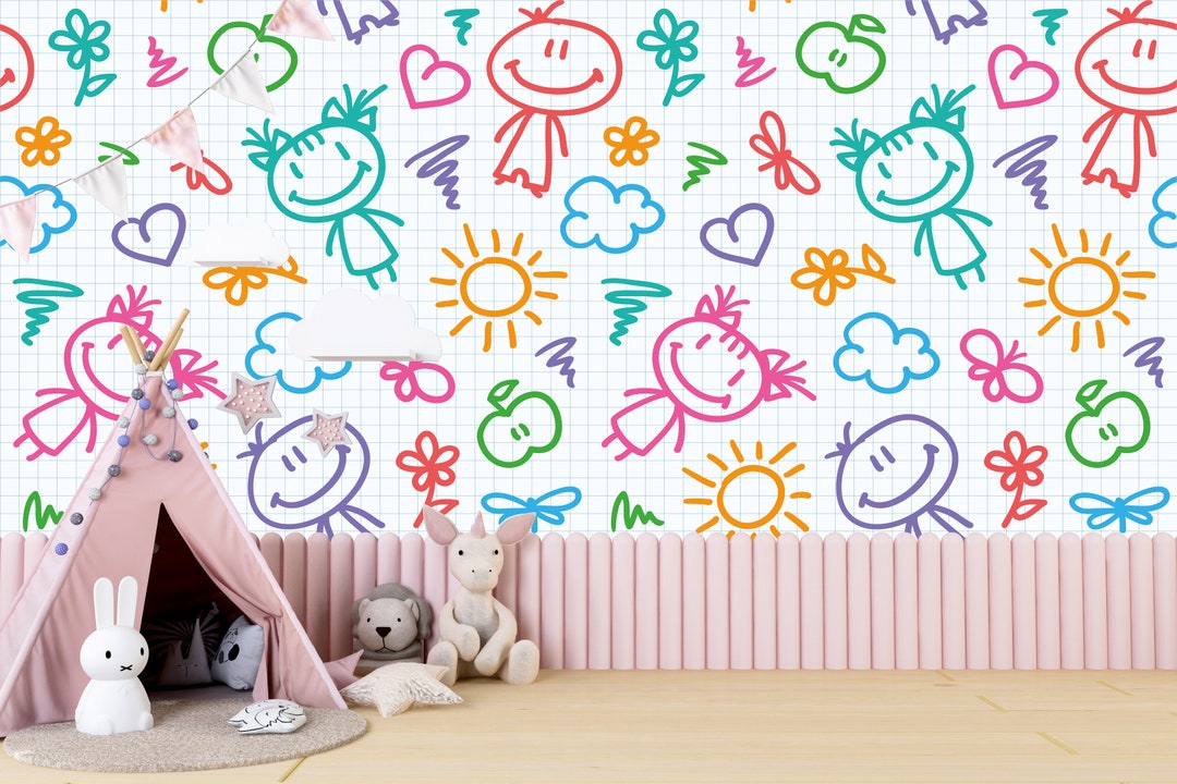Nursery Wallpaper, Kids Wallpaper Hand Drawn Summer Symbols and Sewing ...