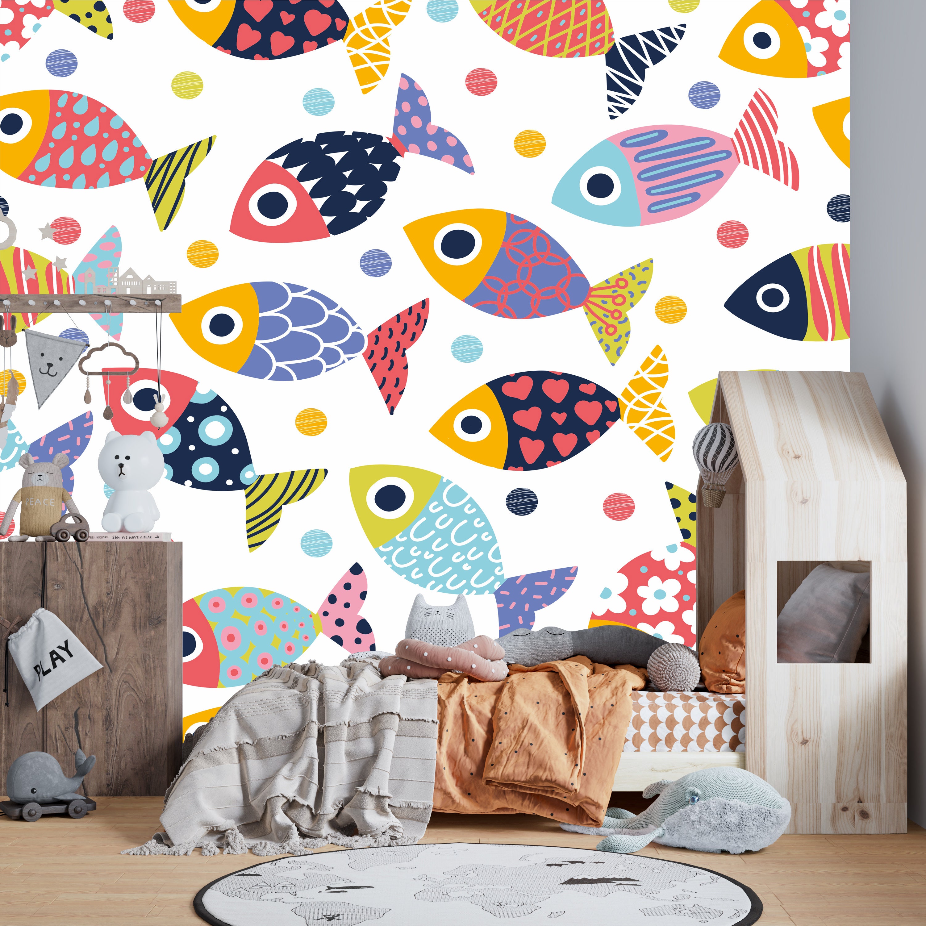 Colorful Underwater World Peel and Stick Polka Dot Fish Wall Mural for ...