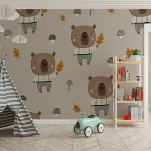 Peel Stick Kids Room Wallpaper Bear and Mushroom