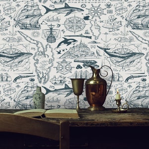 Reise, Abenteuer und Entdeckung Vintage traditionelle Tapete, Segelboote, alte Karten, Windrose, Anker, Fische und Kanonen abstraktes Wandbild