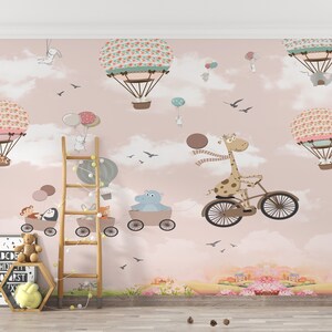 Behang voor kinderkamer, cartoon dieren op ballon, zelfklevende dieren leuk om te plakken