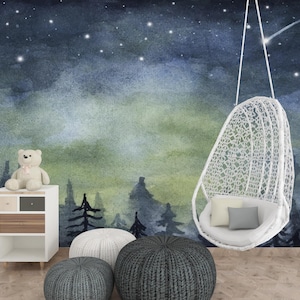 Starry Night Forest Wallpaper – Watercolor Pine Trees and Stars | Nursery and Kids Room Wall Mural