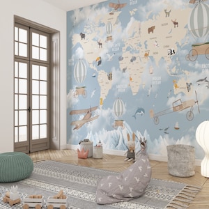 Kinderkarte Tapete, Schälen und Stick Ablösbares, Selbstklebendes Weltkarte Wandbild, Kleine Tier Tapete