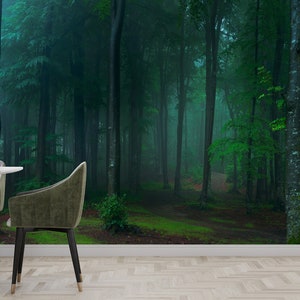 Foggy Forest Panorama Wallpaper, Horror Forest Mural, Peel and Stick For Living Room Wall Decor