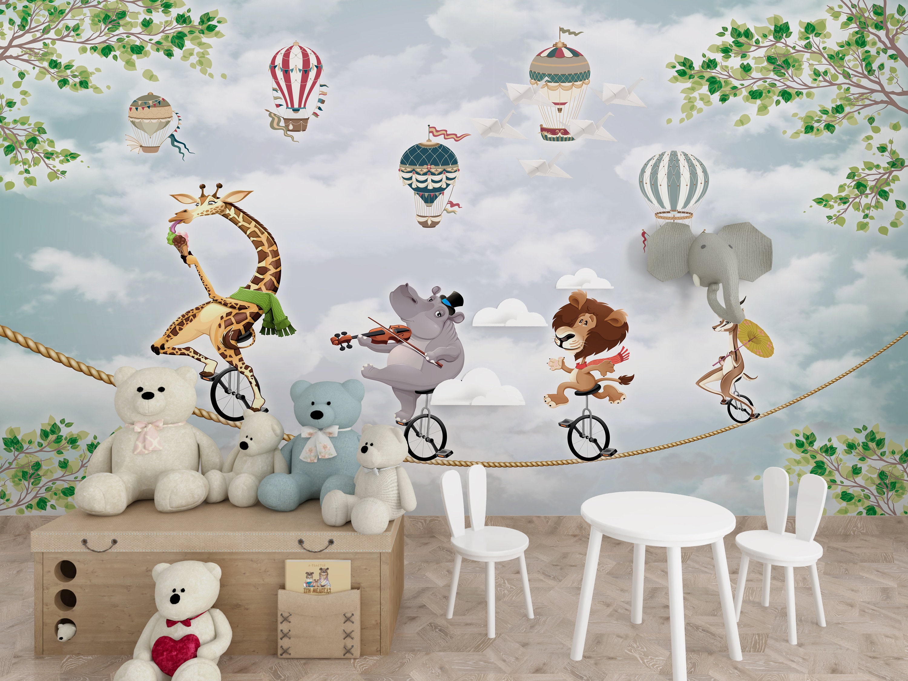 Watercolor Forest Kids Wallpaper Peel and Stick Mountain Hot Baloon ...