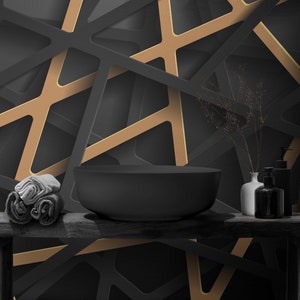 Papier peint géométrique chic noir et or, art mural abstrait géométrique noir et or
