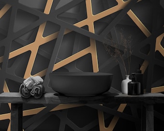 Chic Black and Gold Geometric Design Wallpaper, Abstract Black and Gold Geometric Wall Art