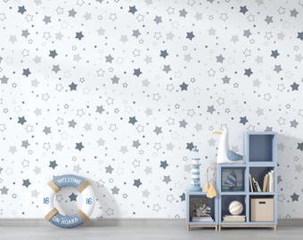 Carta da parati per bambini con motivo a stelle, murale per cameretta dei bambini grigio e bianco