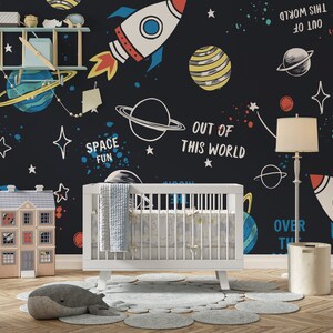 Peel and Stick Space Fun - Carta da parati per bambini con razzi, pianeti e stelle dei cartoni animati