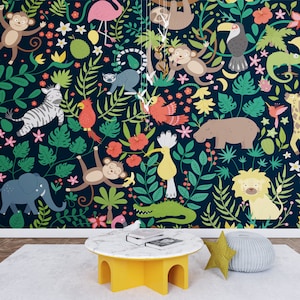 Papier peint animaux exotiques mignons, décoration murale royaume animal de la jungle tropicale, sticker mural chambre d&#39;enfant, art mural animaux pour enfants