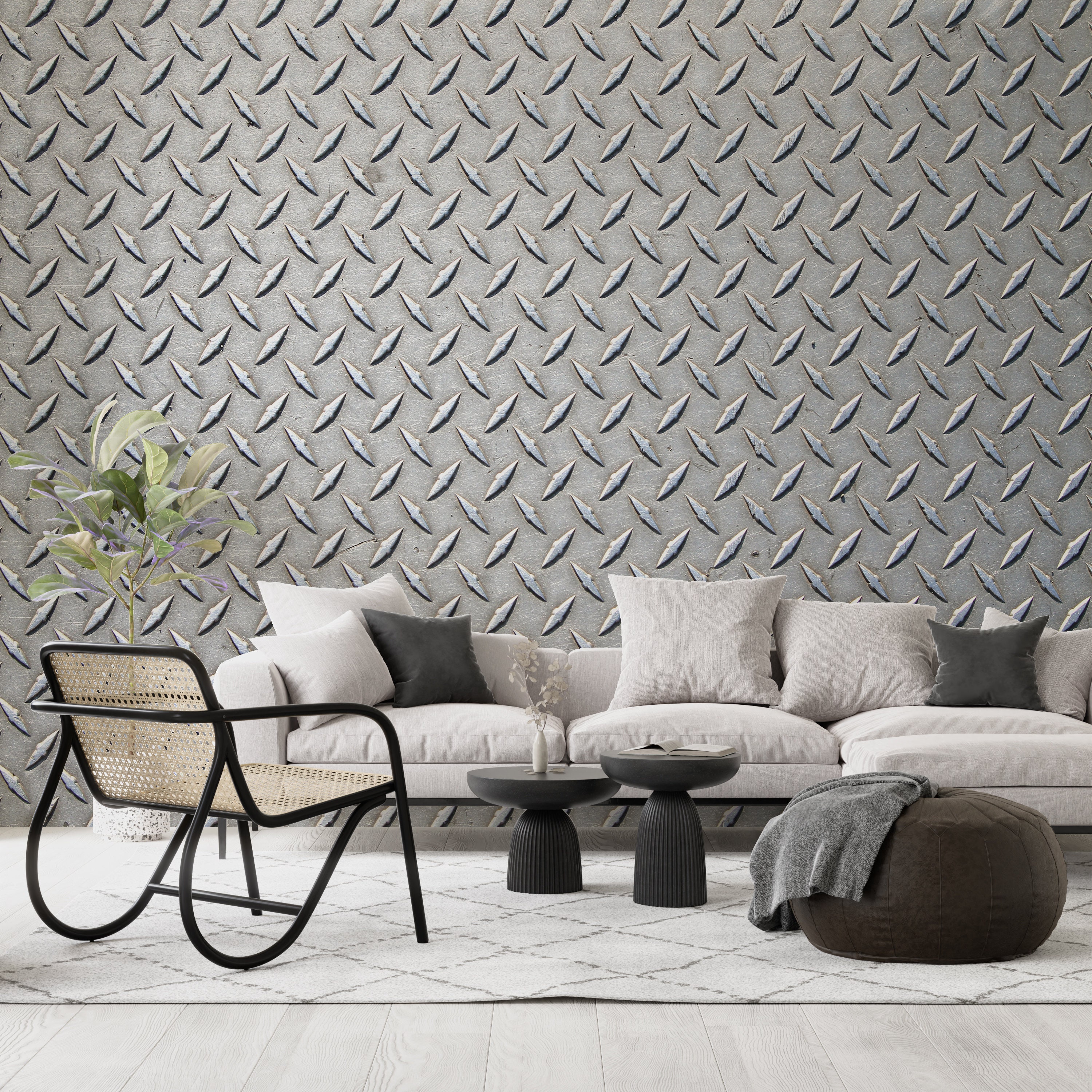 Diamond Pattern Metal Plate Wallpaper, Self Adhesive Metal Floor Peel and Stick, Metal Look Wall Mural
