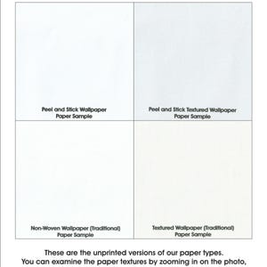 May include: Four unprinted paper samples for wallpaper. The samples are labeled "Peel and Stick Wallpaper Paper Sample", "Peel and Stick Textured Wallpaper Paper Sample", "Non-Woven Wallpaper (Traditional) Paper Sample", and "Textured Wallpaper (Traditional) Paper Sample".
