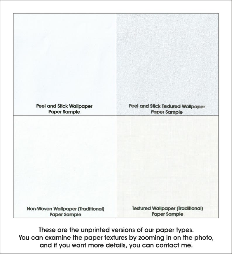 May include: Four unprinted paper samples for wallpaper. The samples are labeled "Peel and Stick Wallpaper Paper Sample", "Peel and Stick Textured Wallpaper Paper Sample", "Non-Woven Wallpaper (Traditional) Paper Sample", and "Textured Wallpaper (Traditional) Paper Sample".